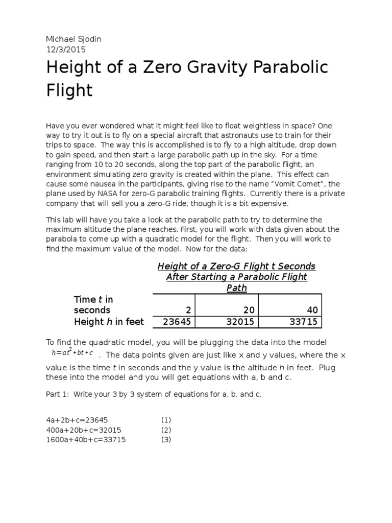 Zero Gravity Flight Altitude Analysis | PDF | Weightlessness | Teaching ...