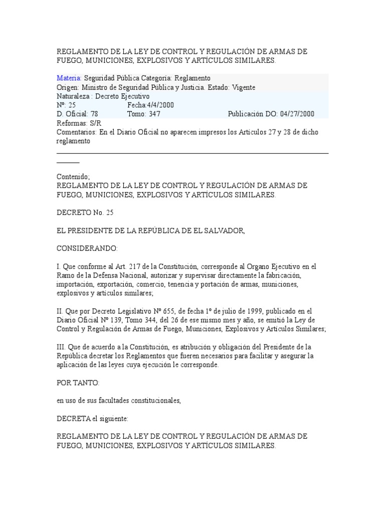 Reglamento de La Ley de Control y Regulación de Armas de Fuego PDF