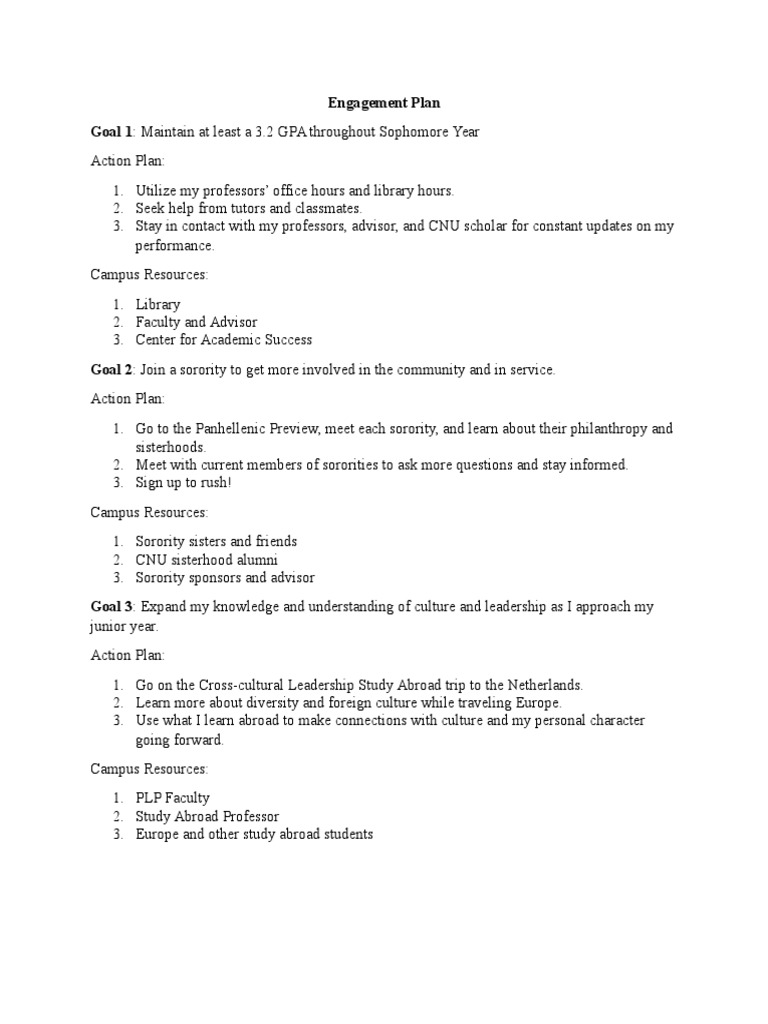 Sophomore Year Engagement Plan | PDF