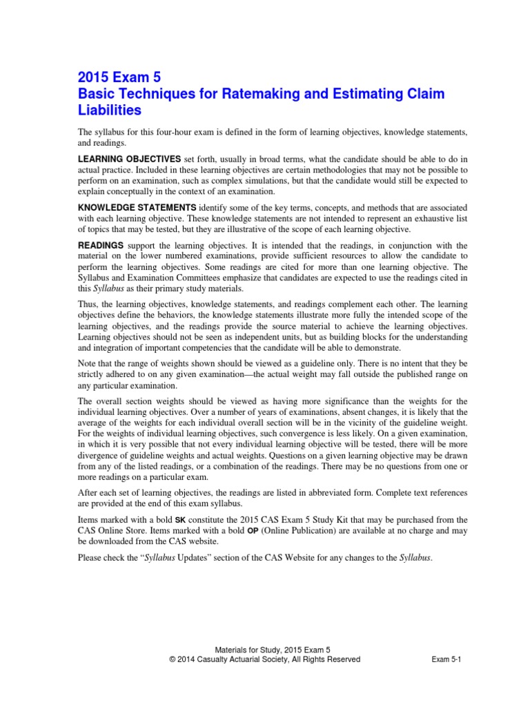 Exam 5 - Syllabus Spring 2015 | PDF | Insurance | Actuary