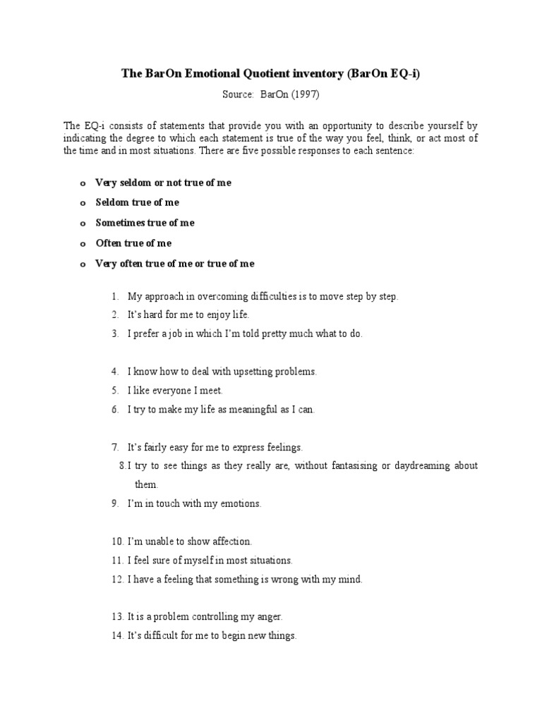 The BarOn Emotional Quotient Inventory | PDF | Emotions | Behavioural ...