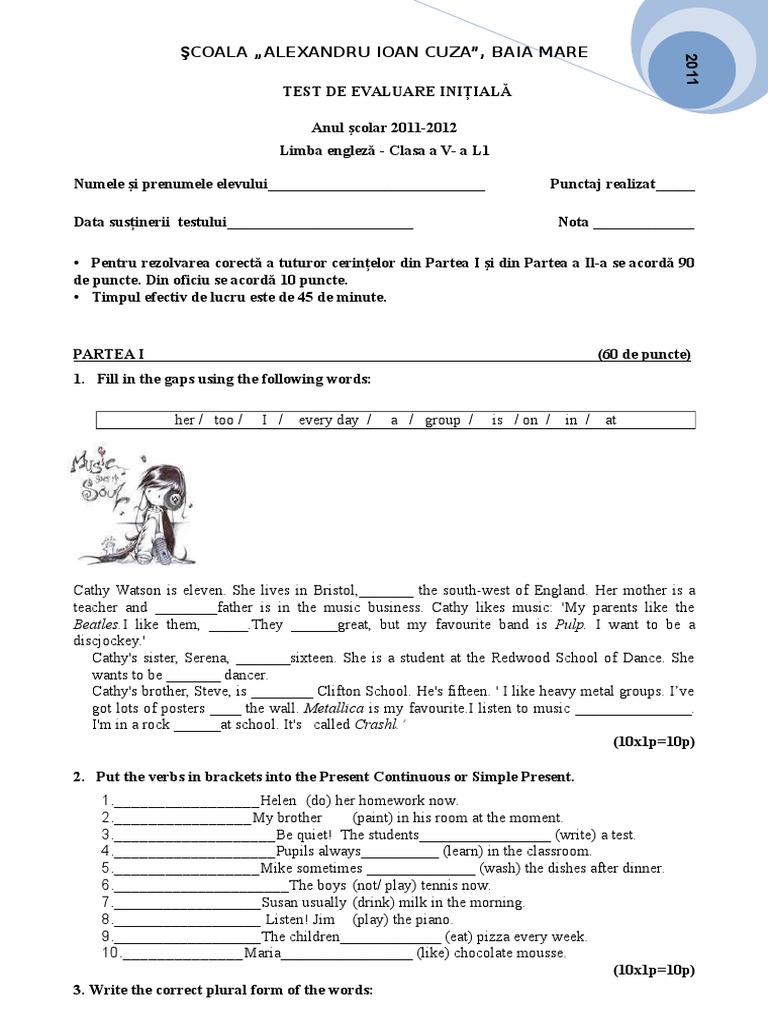 Test Evaluare Inițială Engleză Clasa 5 | PDF | Linguistics