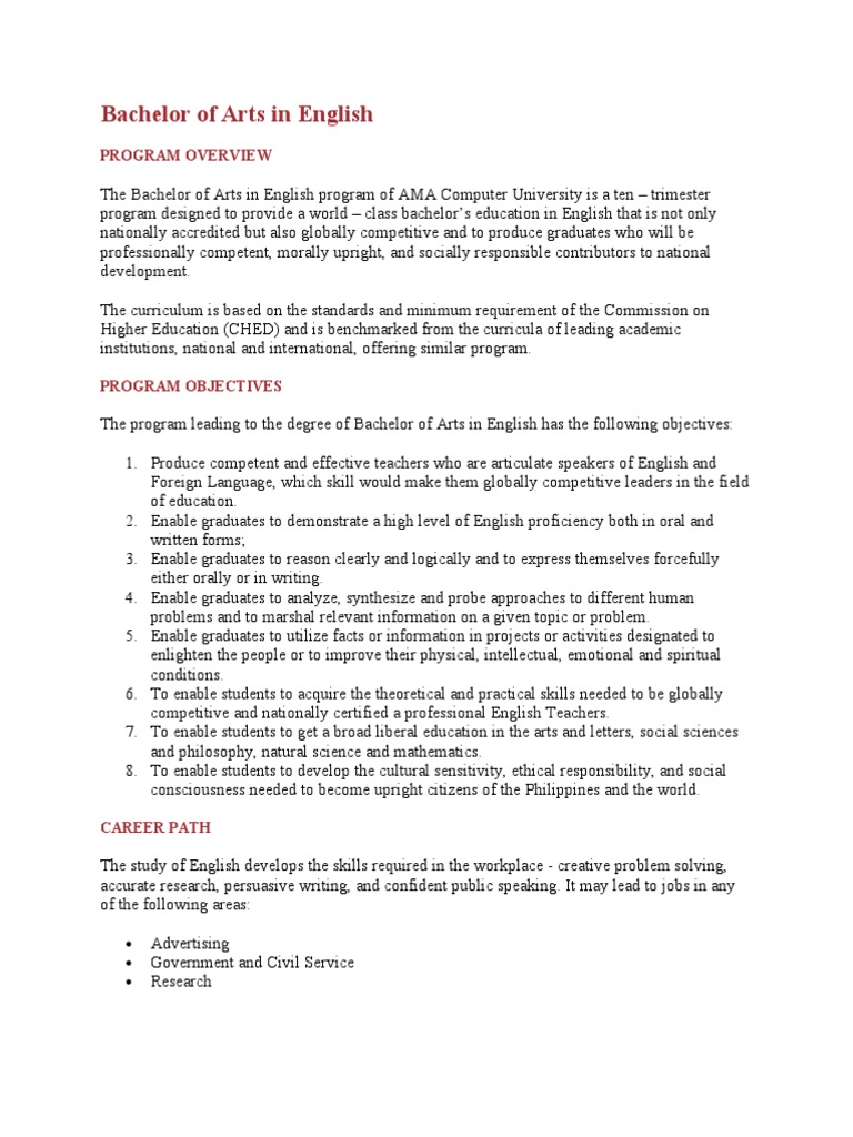 Bachelor of Arts in English Overview | PDF | Curriculum | English Language