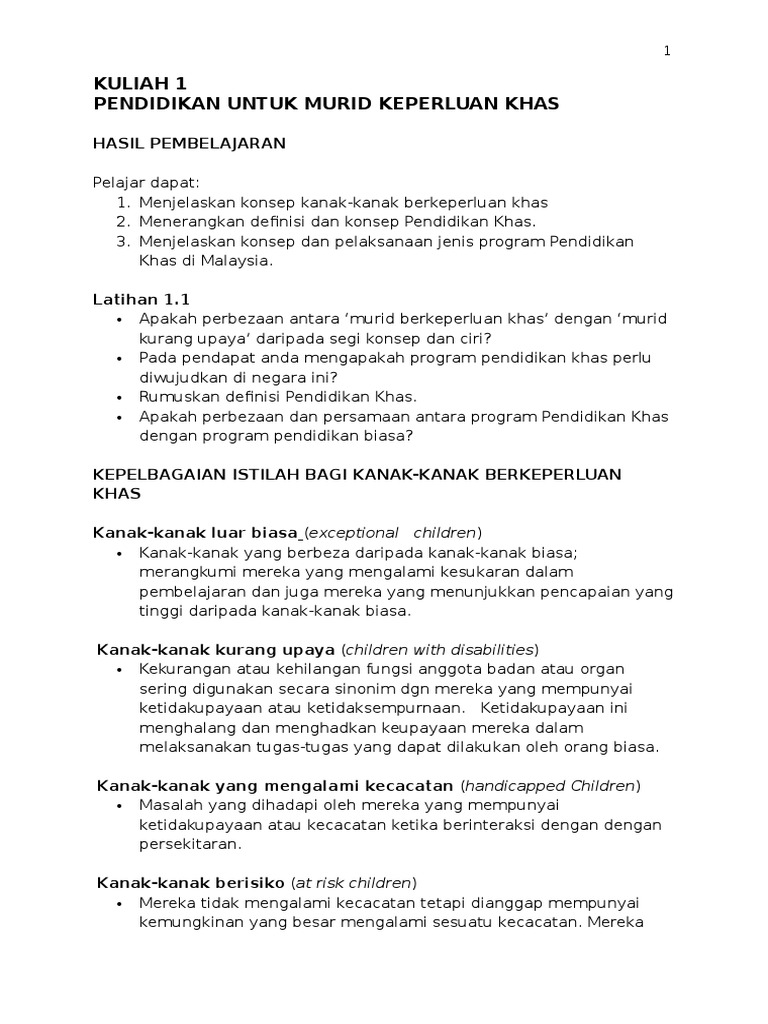 Kuliah 1 Pendidikan Untuk Murid Berkeperluan Khas Pdf