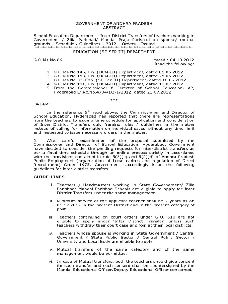 Go.86 Inter District Transfers Guidelines and Schedule | PDF ...