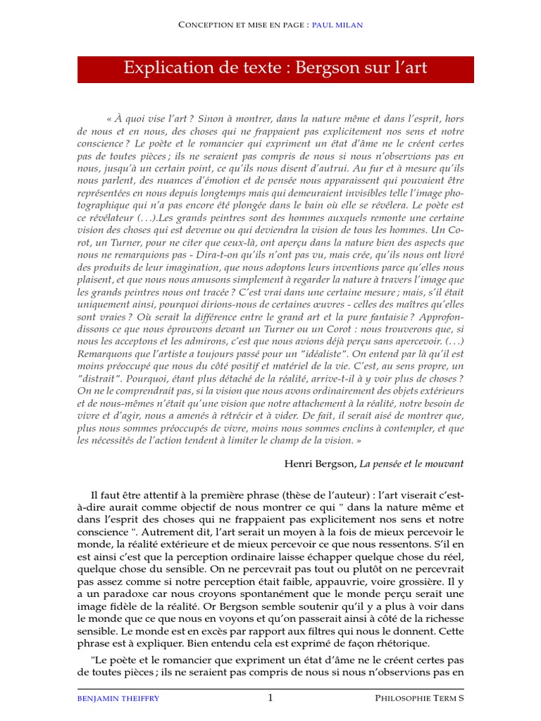 Corrigé Explication De Texte Bergson La Pensée Et Le Mouvant