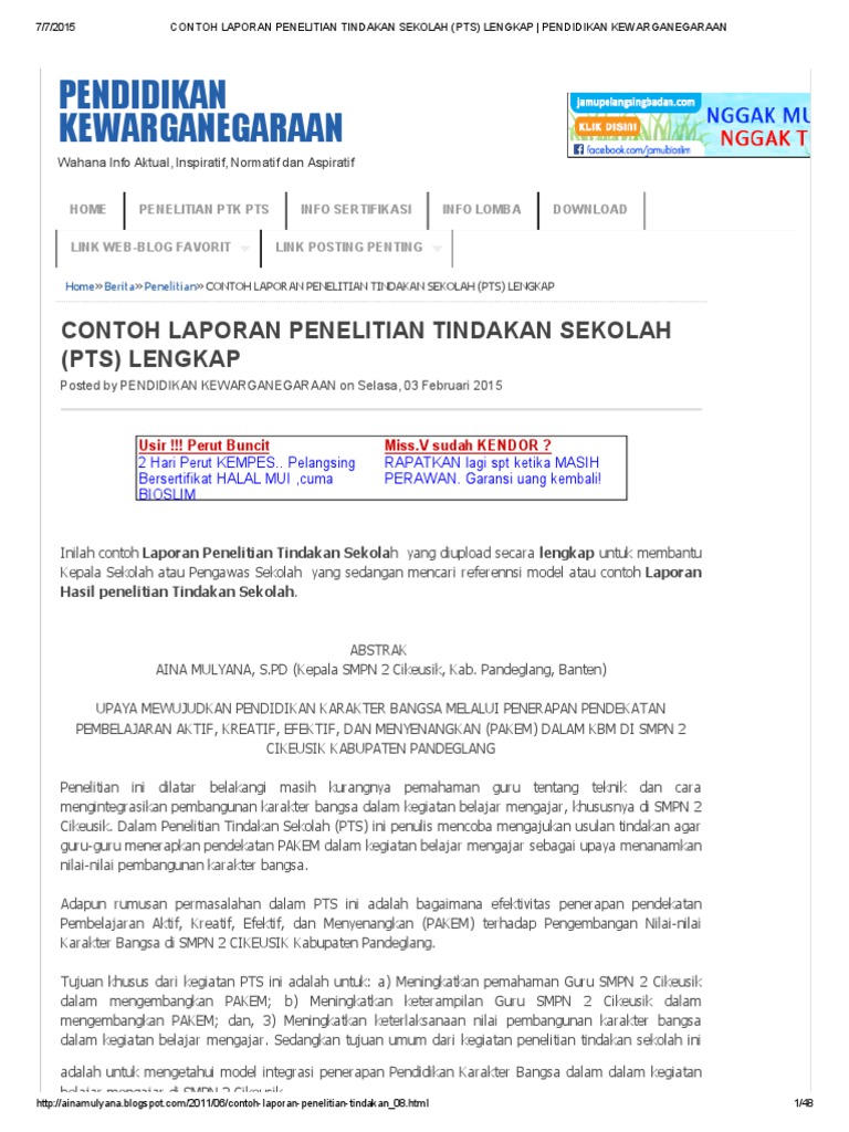 Contoh Laporan Penelitian Tindakan Sekolah (Pts) Lengkap