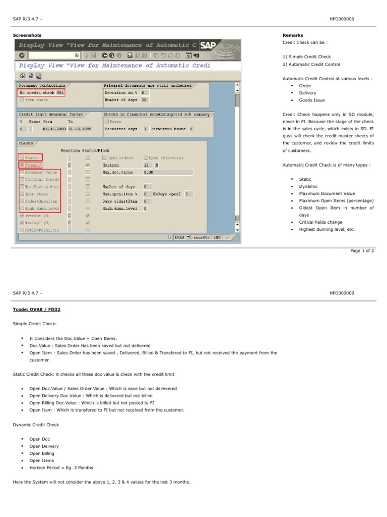 SAP Automatic Credit Check Overview | PDF