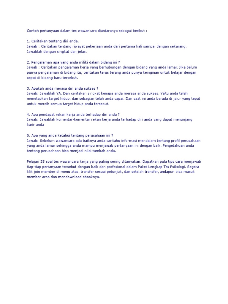 Contoh Pertanyaan Dalam Tes Wawancara Diantaranya Sebagai Berikut
