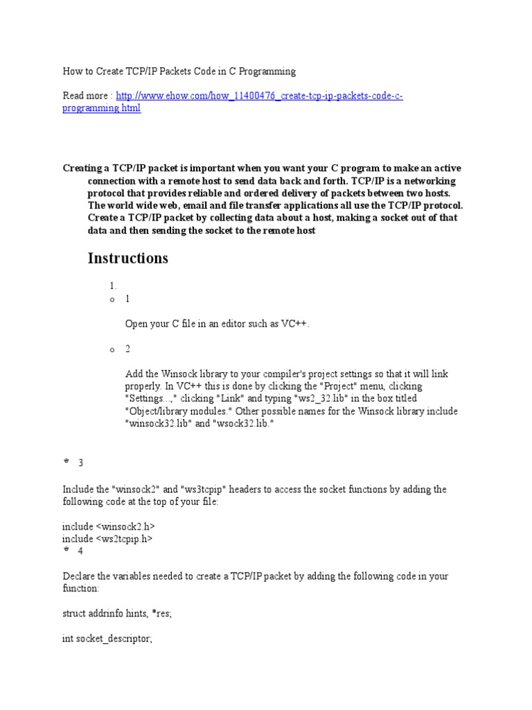 How To Create TCP IP Packets Code in C Programming | PDF | Transmission ...