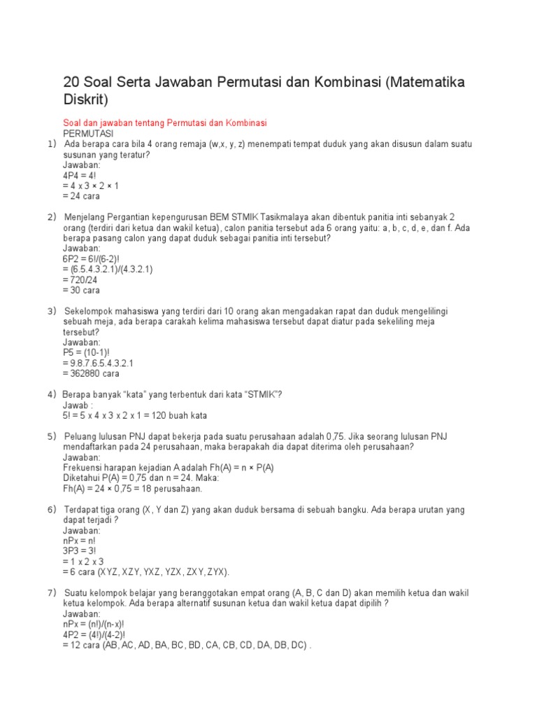 20 Soal Permutasi Dan Kombinasi