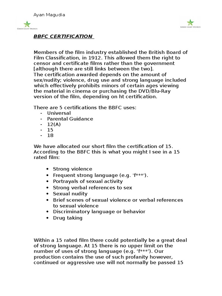 BBFC Certification for Short Film | PDF