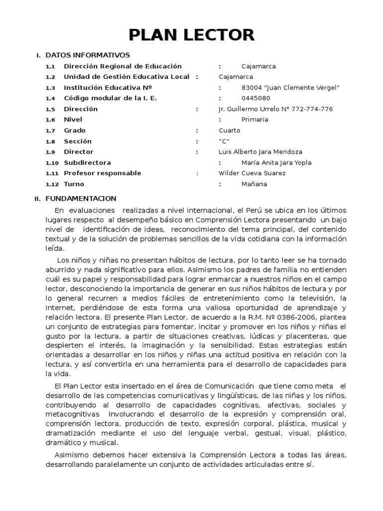 Plan Lector para Cuarto Grado Primaria | PDF | Lectura (proceso ...