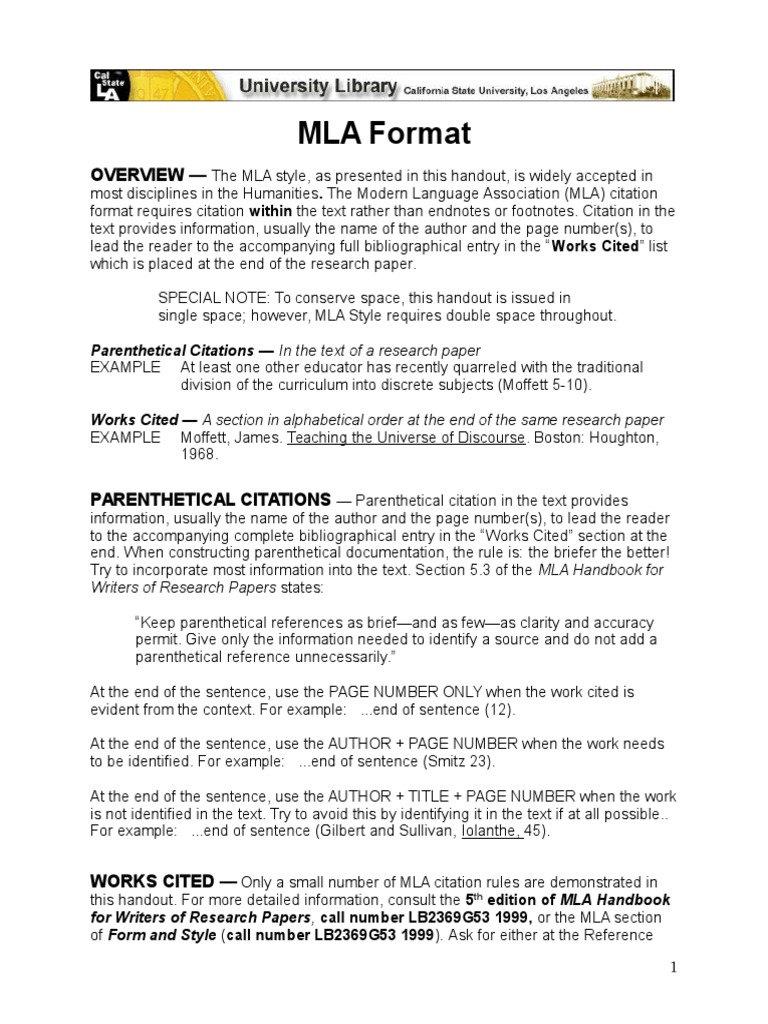CSU LA MLA Writing Format Citation Academic Publishing
