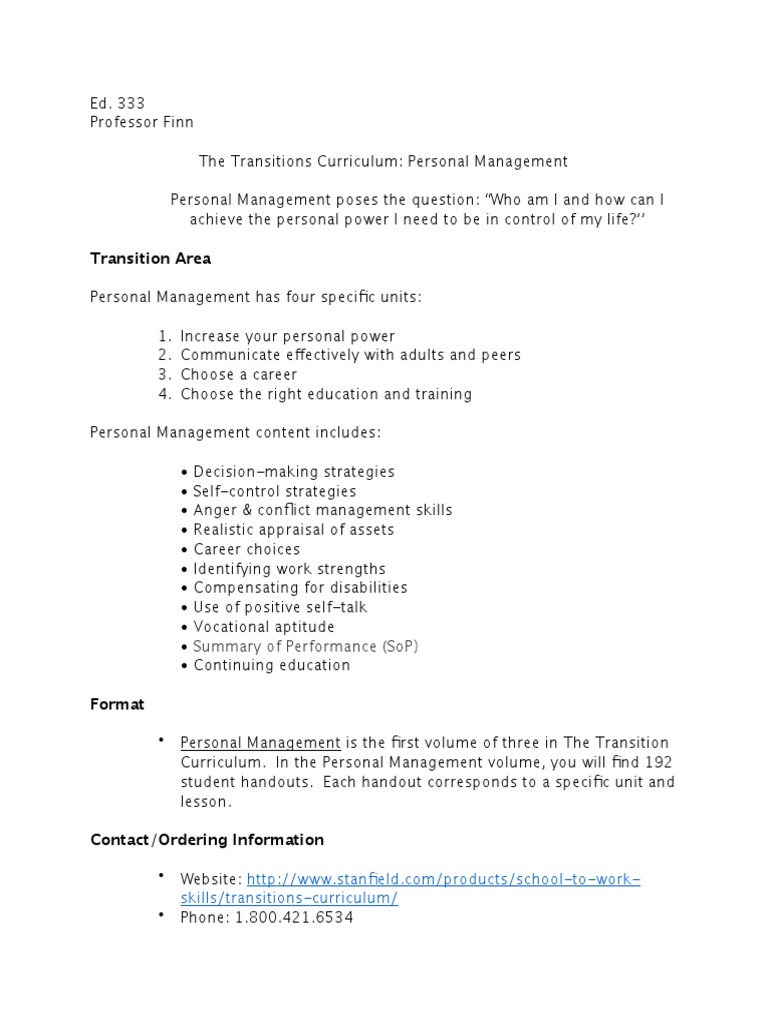 Personal Management | PDF | Curriculum | Quality Of Life