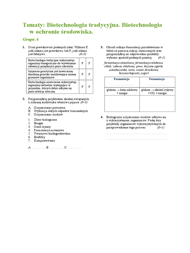 Biotechnologia Tradycyjna Biotechnologia W Ochronie środowiska Odpowiedzi k Biotechnologia Tradycyjna