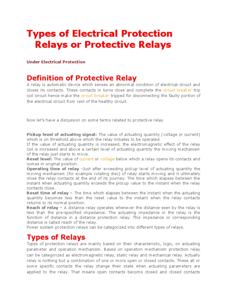 Comprehensive Guide to Types of Electrical Protective Relays, Their