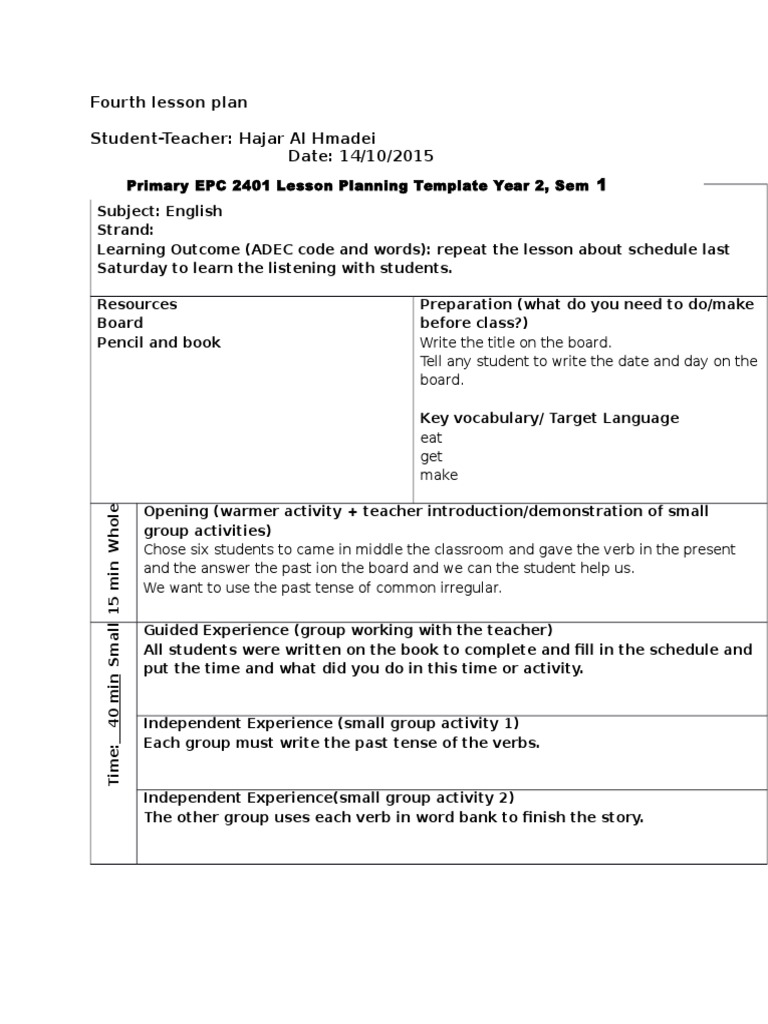 Grade 5 English Lesson Plan on Past Tense | PDF | Career & Growth ...