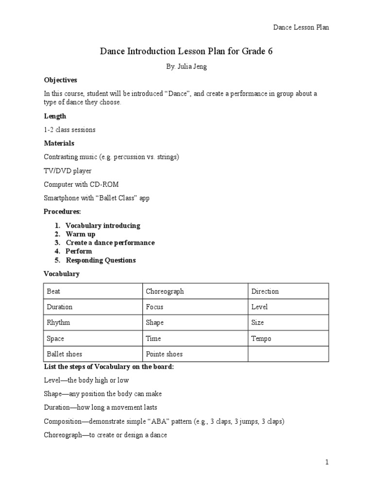 dance introduction lesson plan for grade 6 Dances Lesson Plan