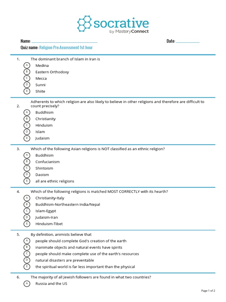 Religion Pre Assessment | PDF