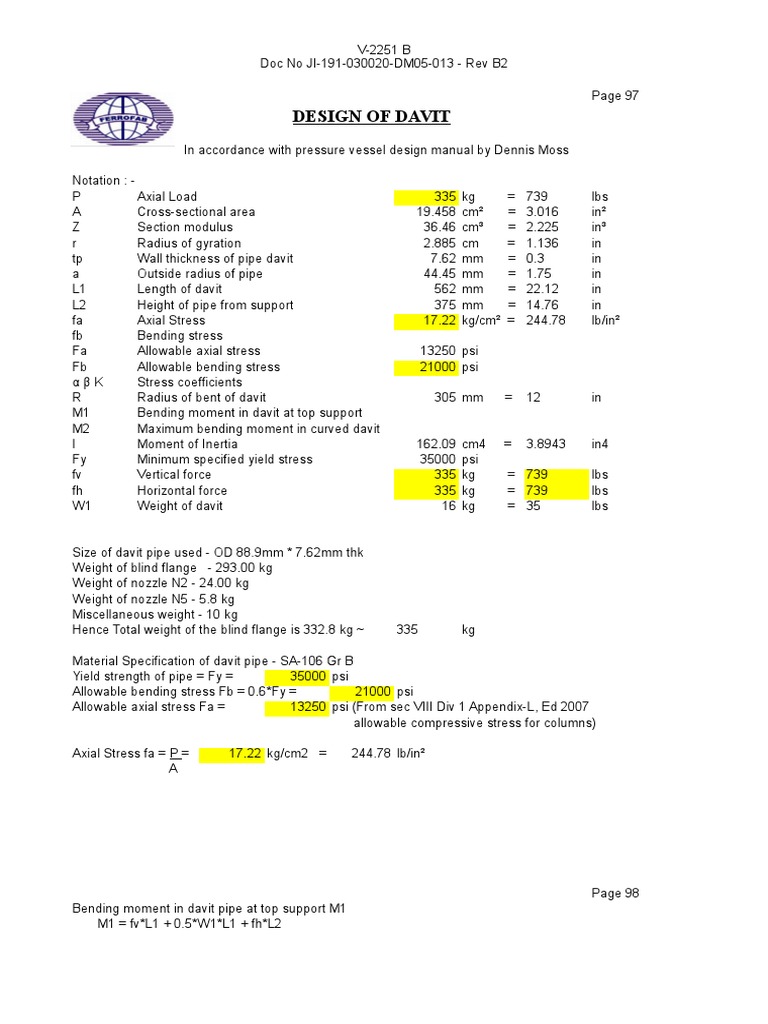Davit Arm Design Calculations | PDF