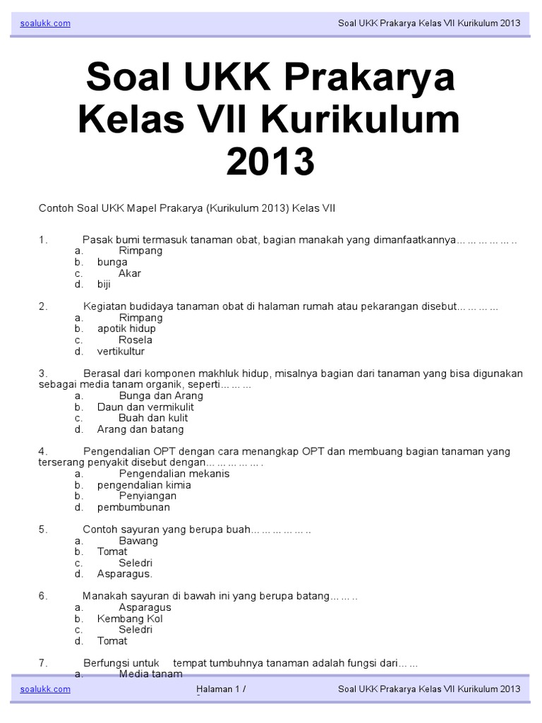 Soal Soal Ukk Prakarya Kelas Vii Kurikulum 2013 Pdf