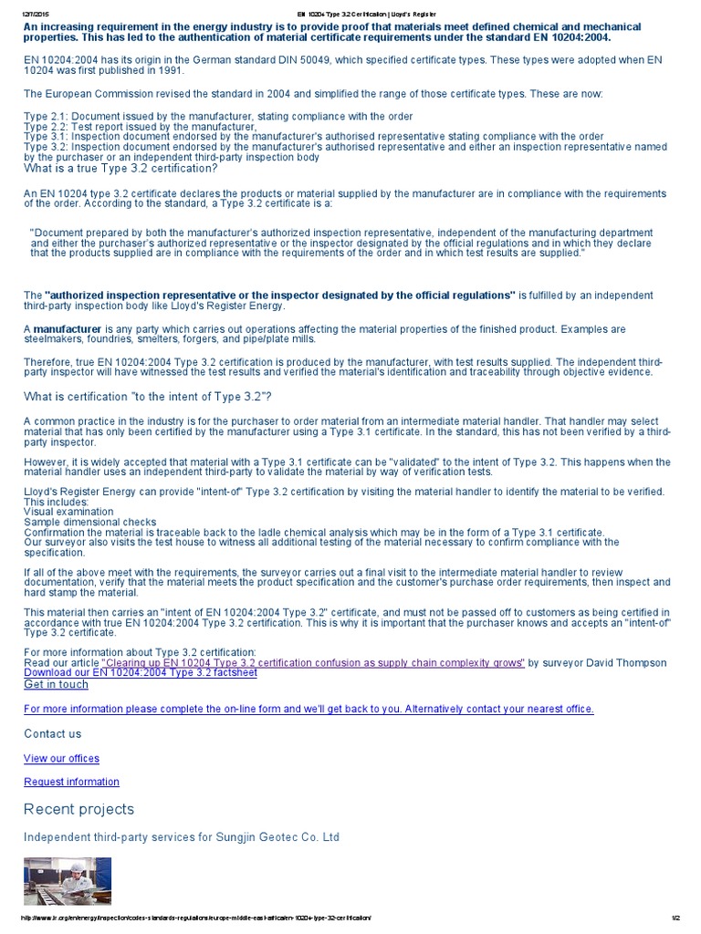 En 10204 Type 3.2 Cetification Certification ...