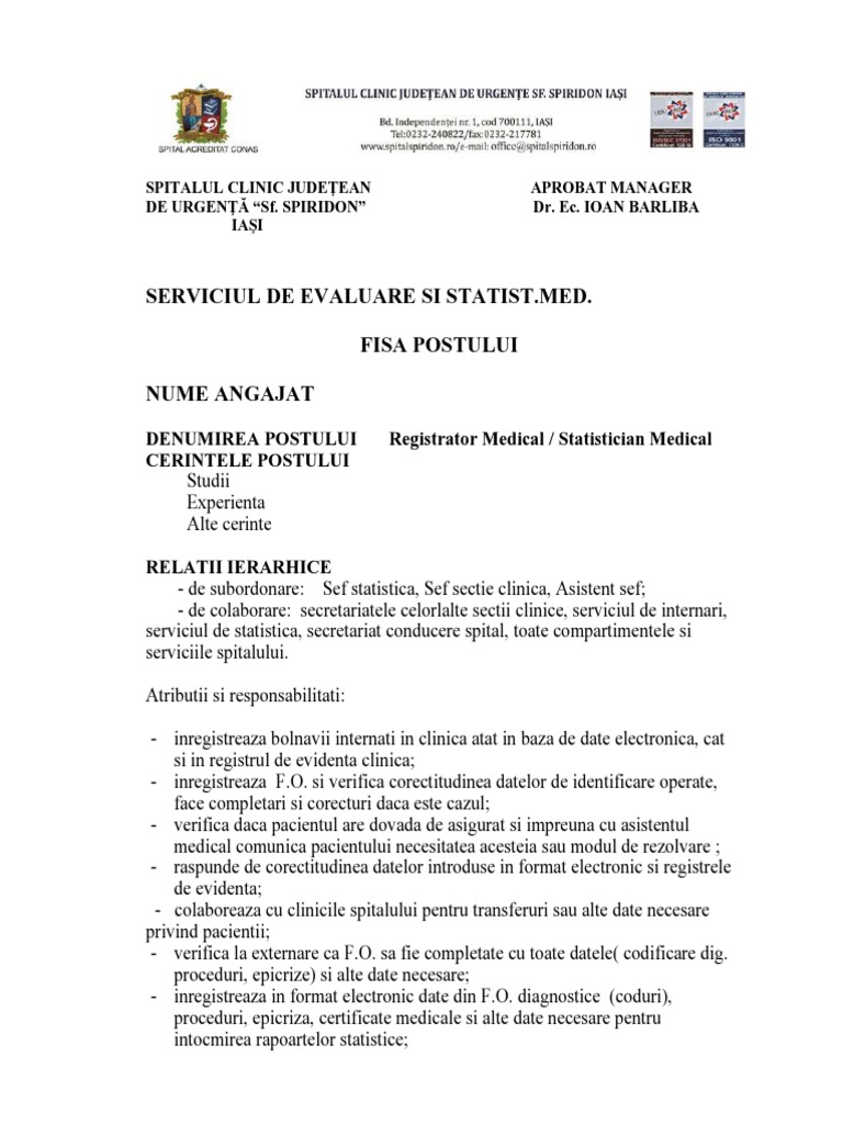 Subiecte Registrator Medical Fisa Post Registrator Medical | PDF