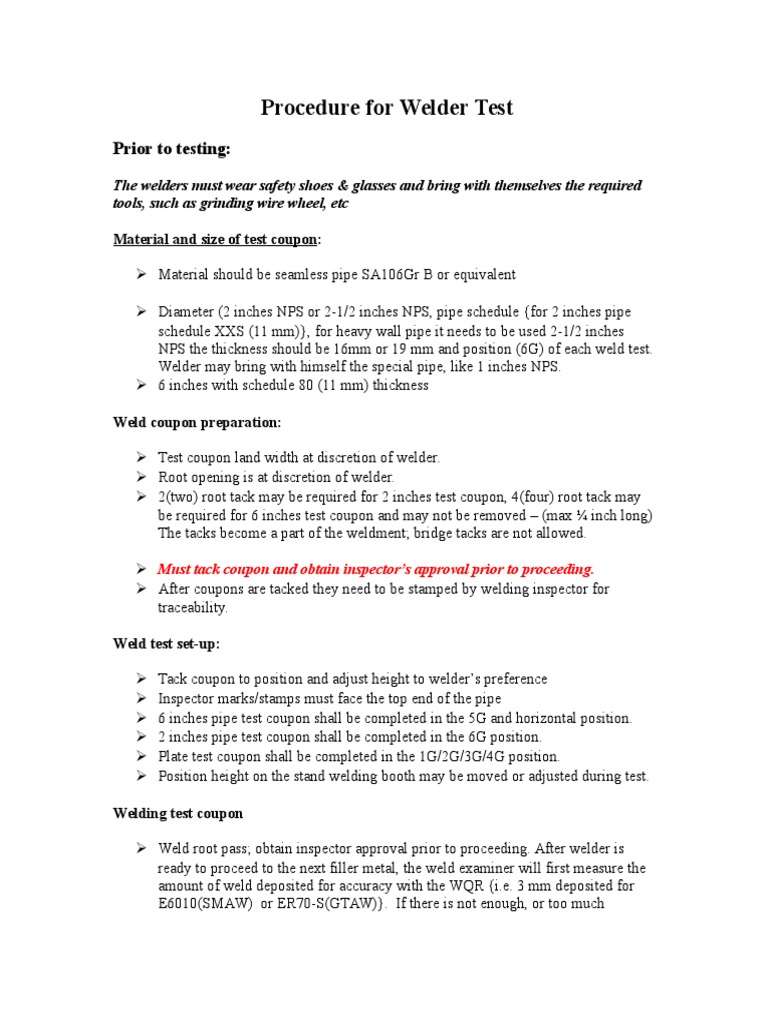 Welder Test Procedure Overview | PDF | Pipe (Fluid Conveyance) | Welding