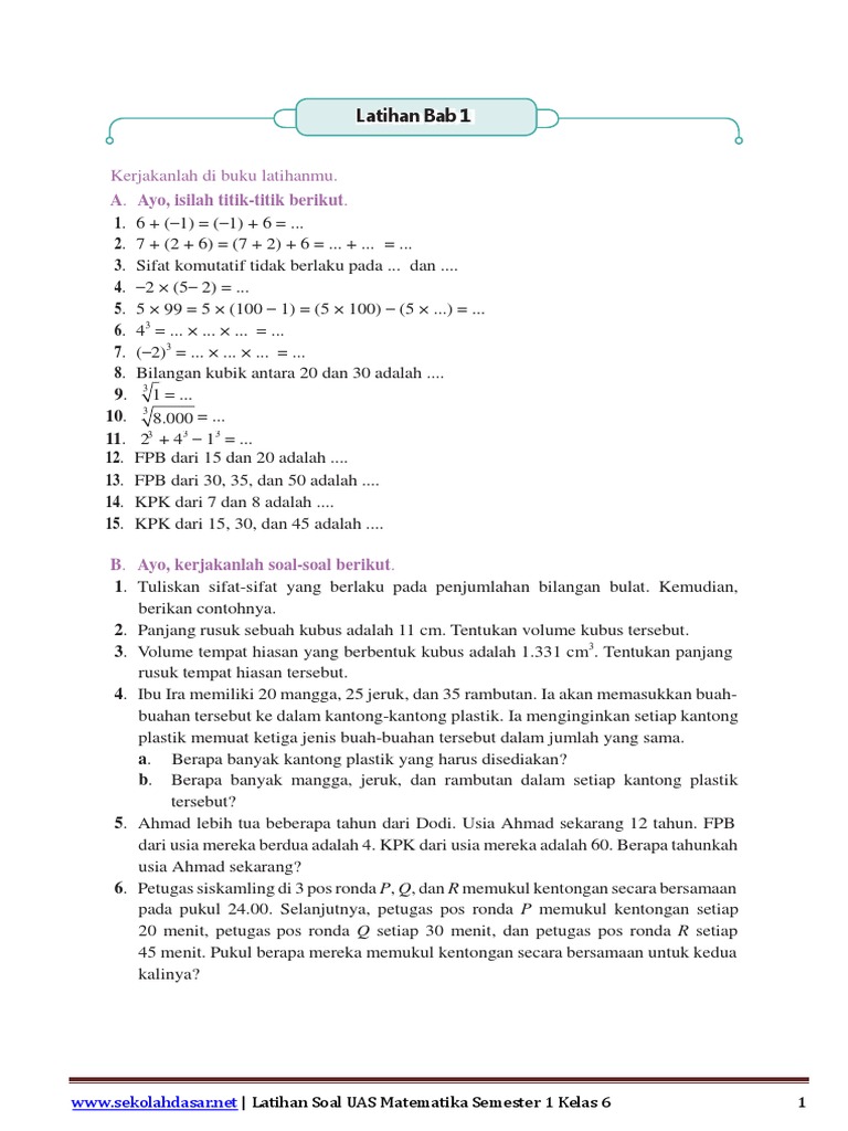 Soal Uas Semester 1 Kelas 6 Mapel Matematika Pdf