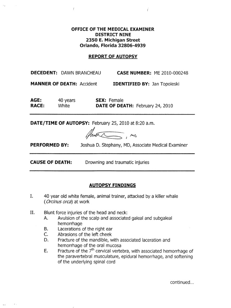 Dawn Brancheau Autopsy Report Summary | PDF