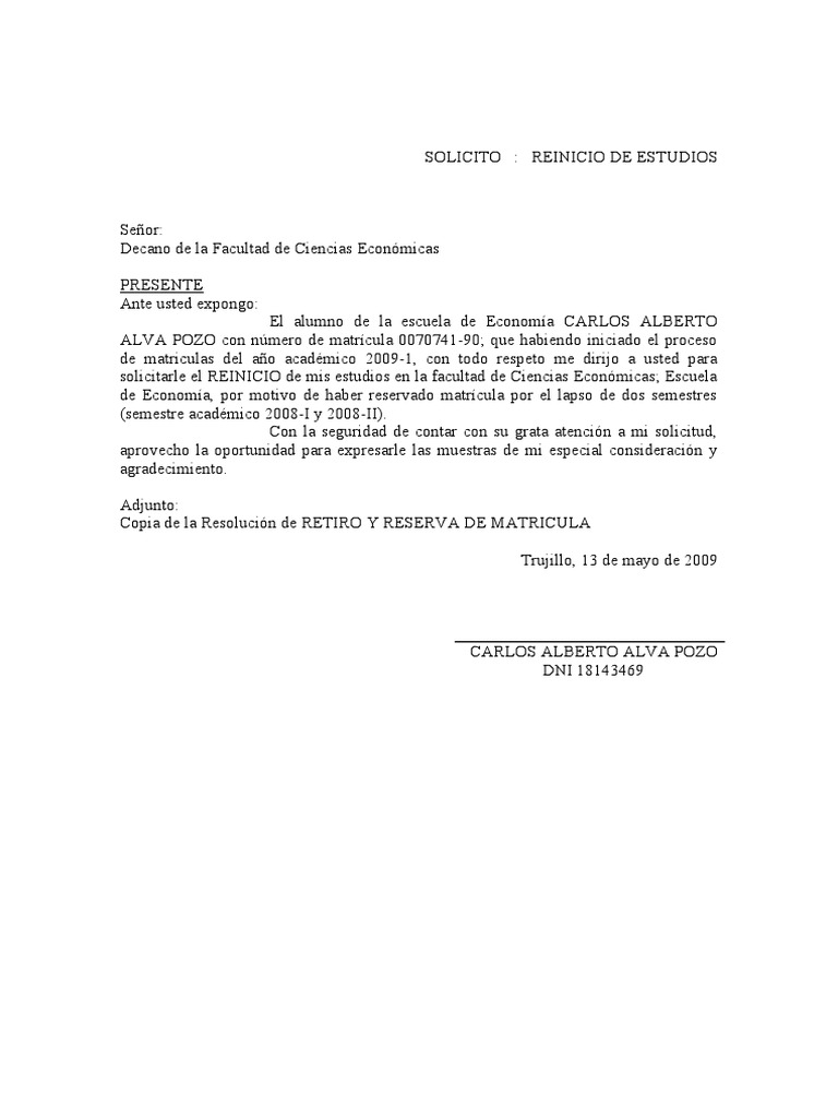 Carta De ReincorporaciÓn