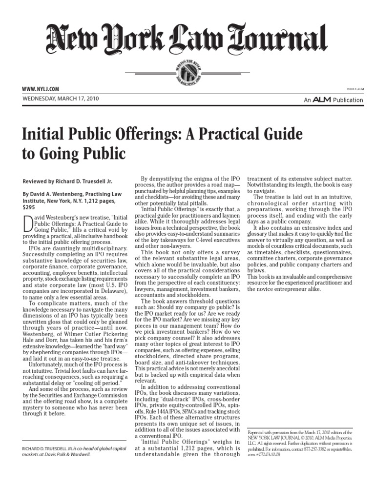 New York Law Journal Review of Initial Public Offerings A Practical