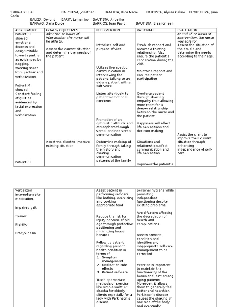 SCL Care Plan Parkinson's Disease Physical Exercise