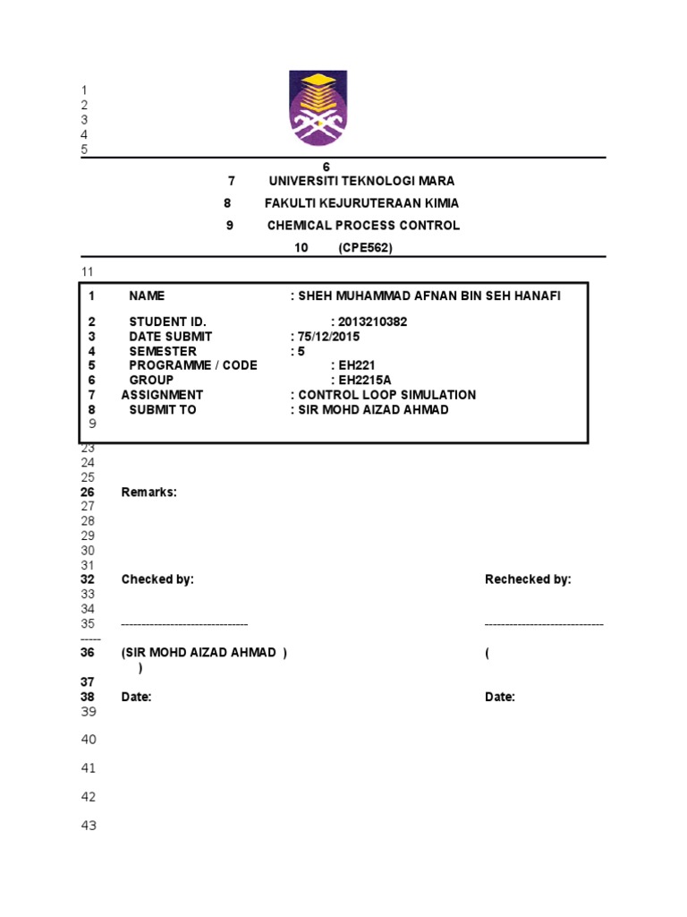 Sheh Muhammad Afnan (Eh2215a) Control Loop Simulation Report | PDF ...