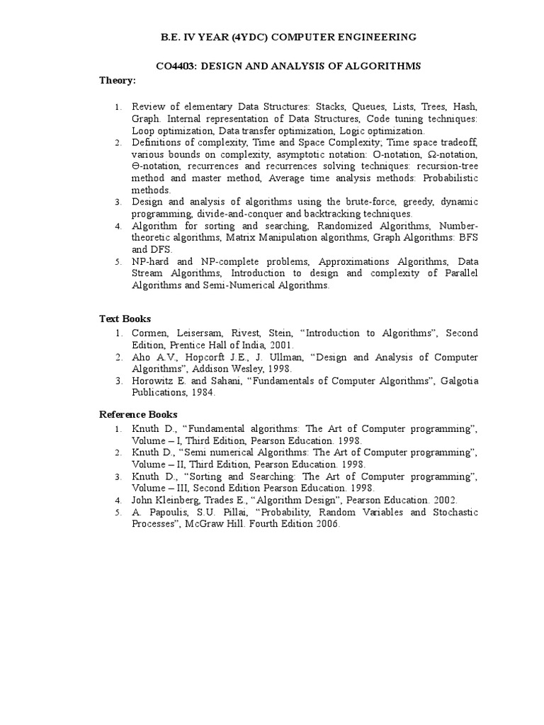 B.E. Iv Year (4ydc) Computer Engineering Co4403: Design and Analysis of ...