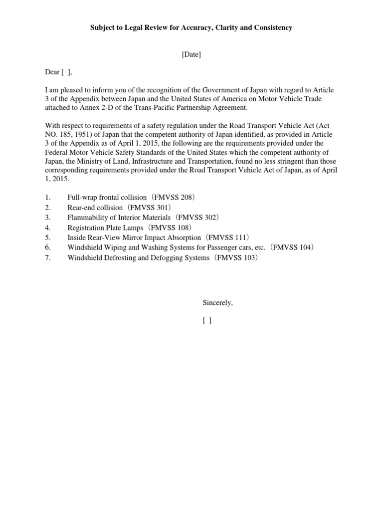TPP Final Text JP To US Letter On Safety Regulations For Motor Vehicles ...
