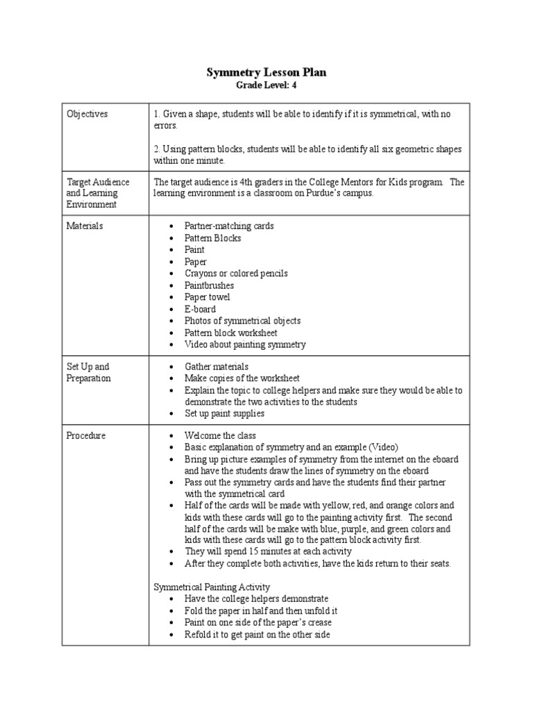 Symmetry Lesson Plans 4th Grade