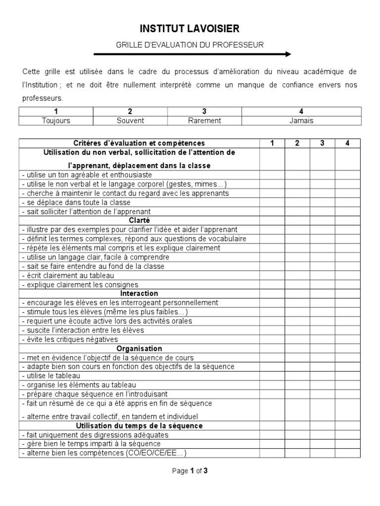 Grille d'Evaluation Profs  Concept de psychologie  Psychologie