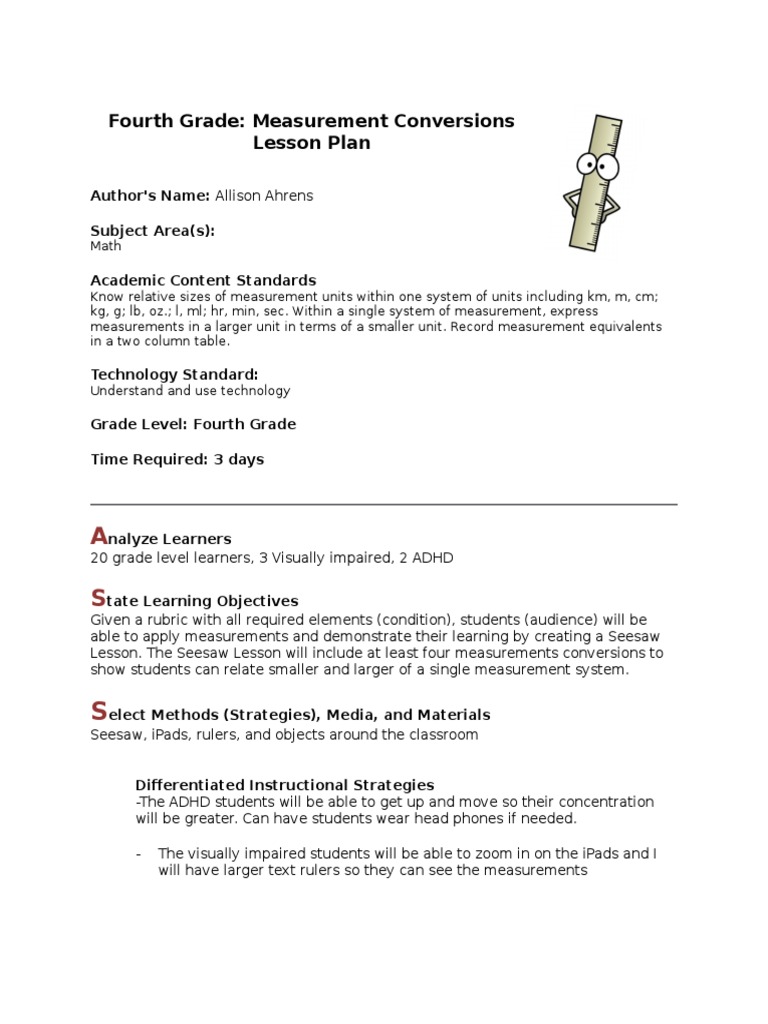 Fourth Grade Measurement Conversions Lesson | PDF