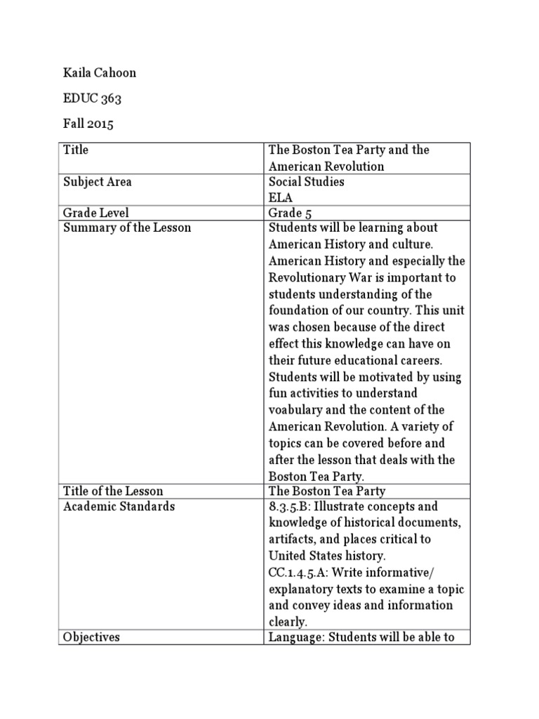 Boston Tea Party Lesson Plan | PDF | Vocabulary | Lesson Plan