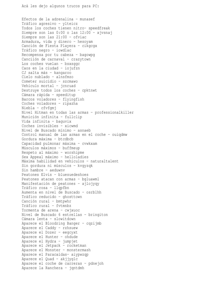 Claves Gta San Andreas PC PDF Vehículos Transporte