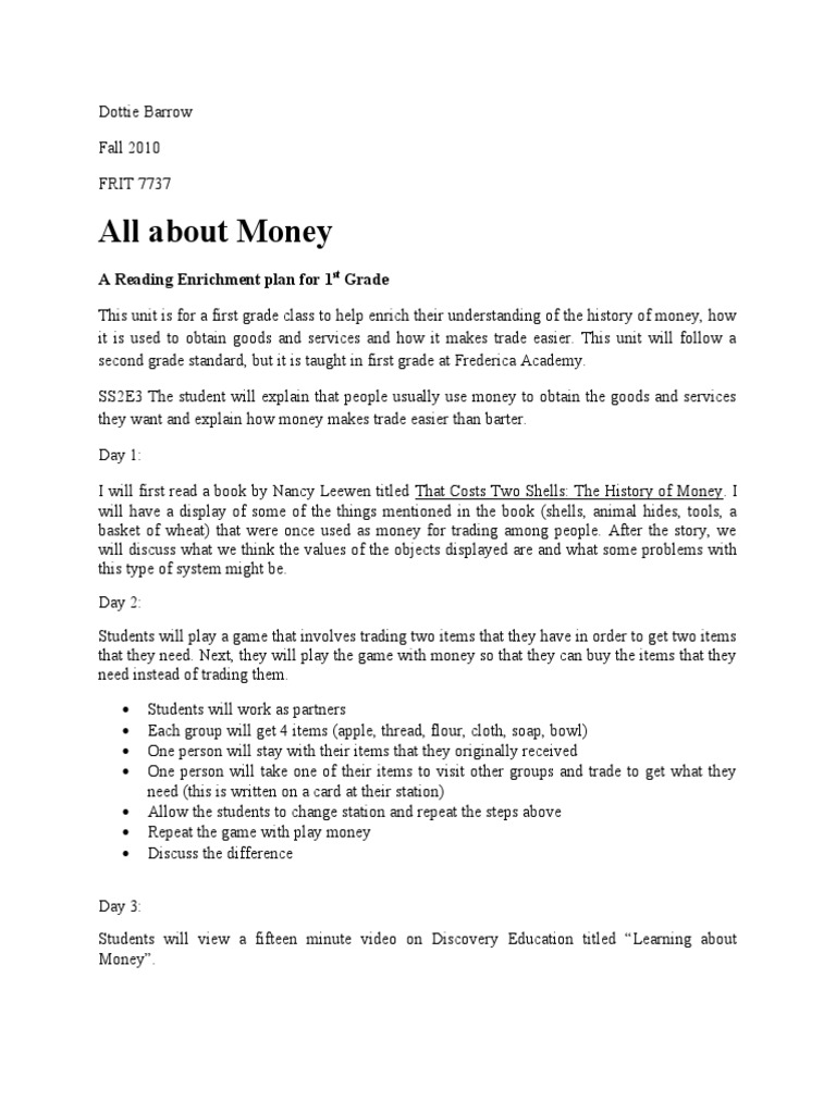 1st Grade Money Learning Plan | PDF | Currency | Coins