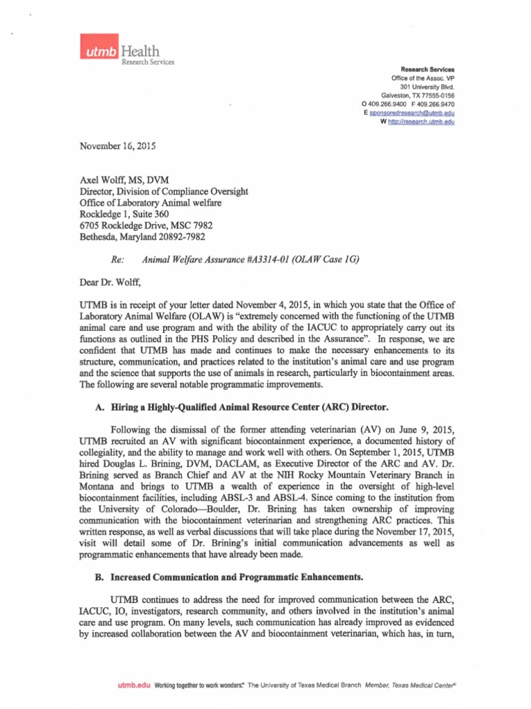 UTMB Response To OLAW | PDF | Veterinary Physician | Animal Welfare