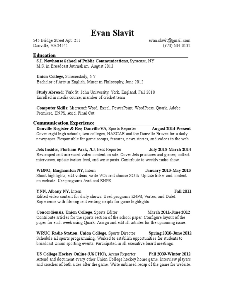Sports Reporter 2015 Resume PDF