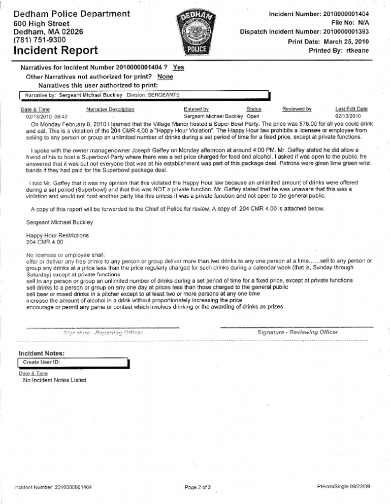 Dedham Police Log For The Village Manor