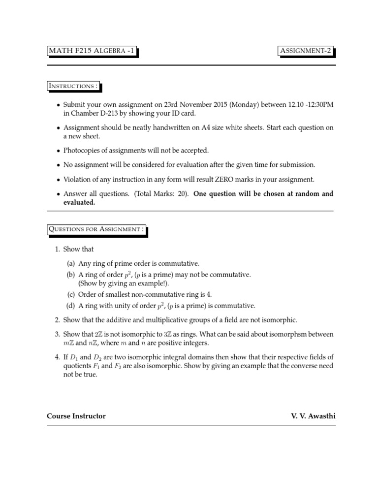 Algebra Assignment 2 Instructions & Questions | PDF