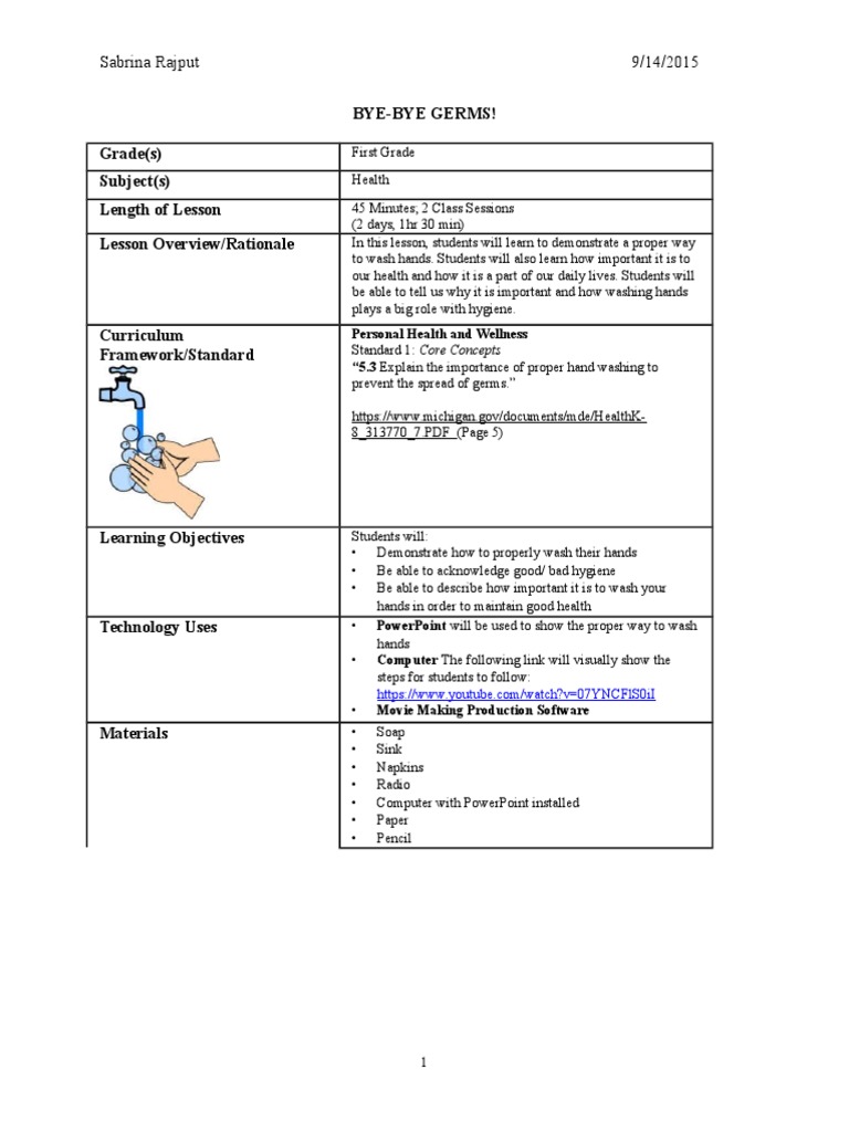 Lesson Plan PDF Hand Washing Educational Assessment
