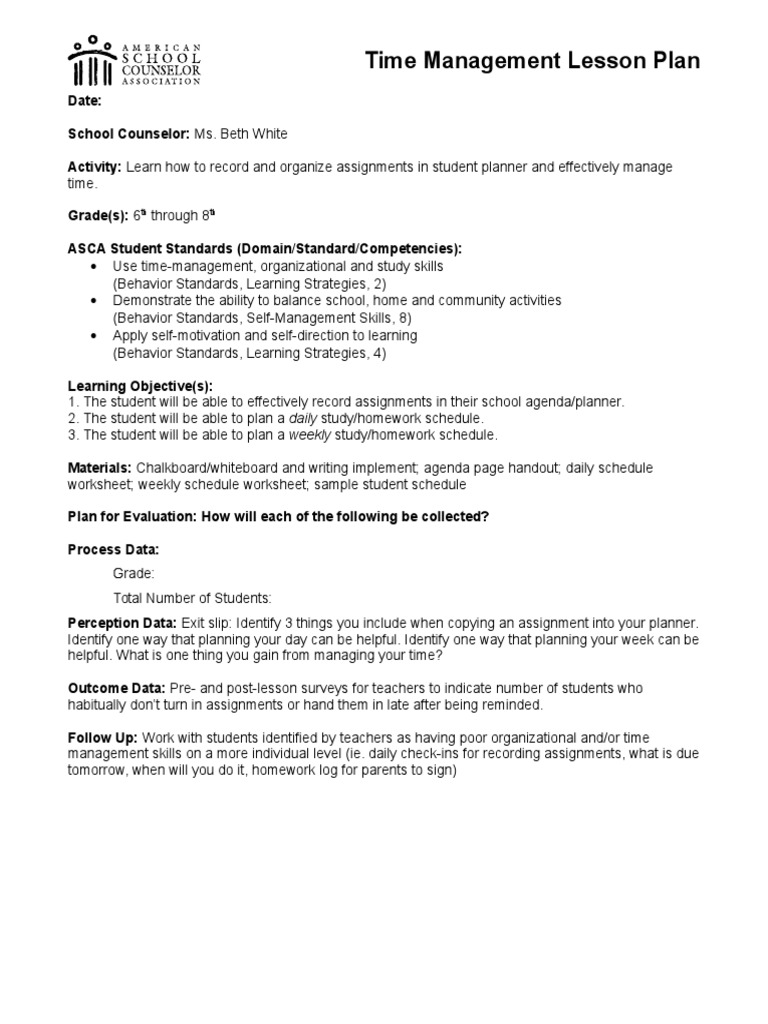 Lesson plan time management homework psychological concepts