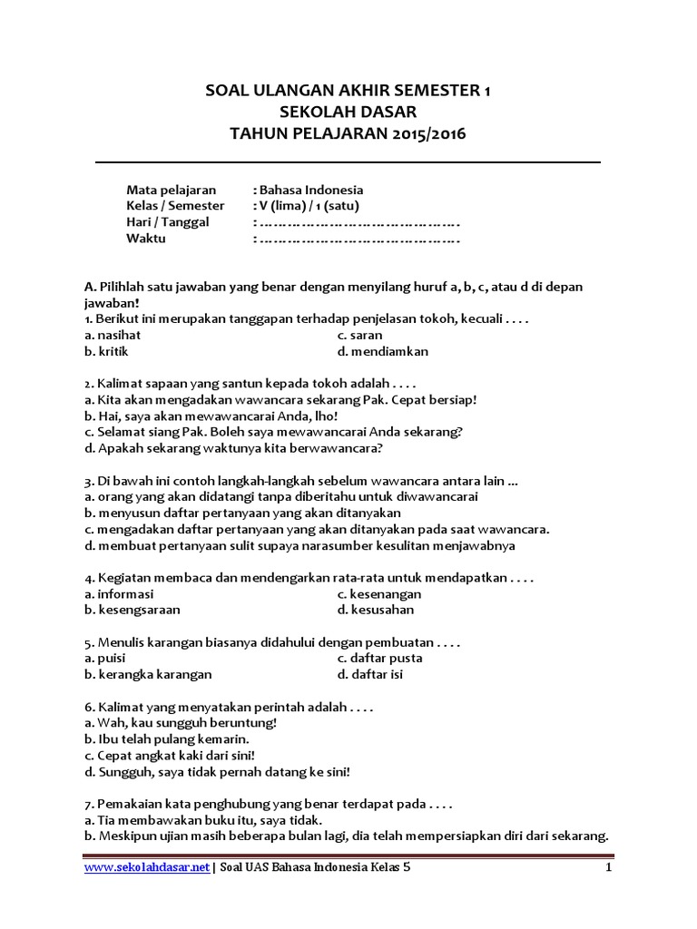 Soal Uas Bahasa Indonesia Kelas 5 Semester 1